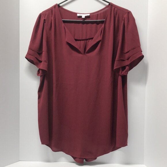 DR2 by Daniel Rainn Ruched Short Sleeve Blouse in Garnet - Picture 3 of 10